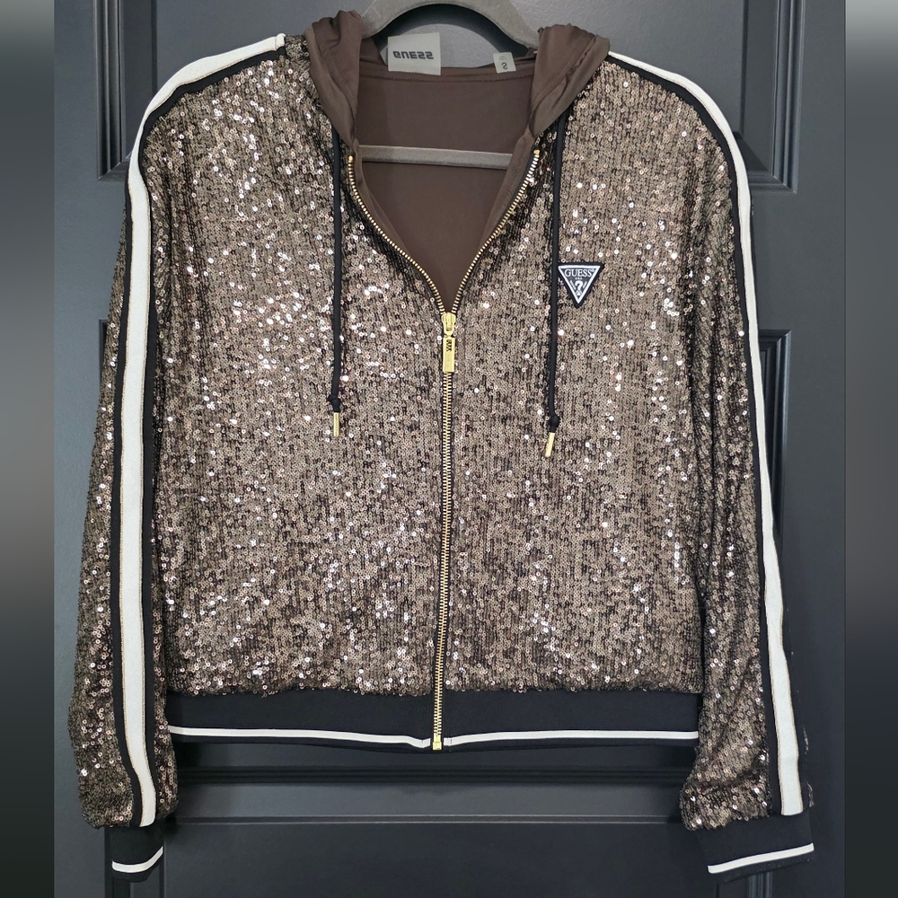 GUESS Metallic Bronze Sequin Zip Hoodie with Black Trim